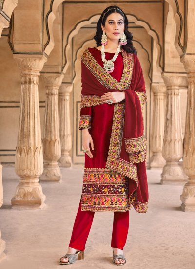 Immaculate Velvet Red Sequins Straight Salwar Kameez