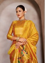 Immaculate Yellow Jacquard Work Tafeta Silk Pant Style Suit