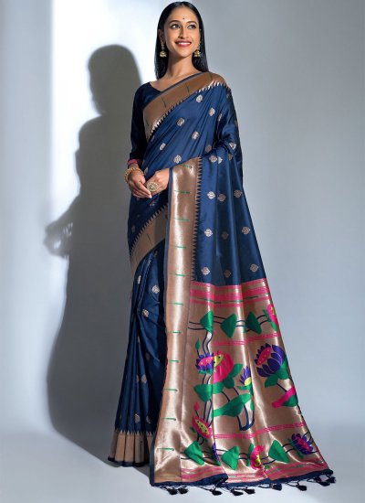Impeccable Navy Blue Weaving Banarasi Silk Traditional Designer Saree