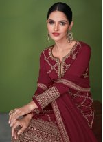 Impeccable Pure Georgette Maroon Embroidered Readymade Salwar Suit