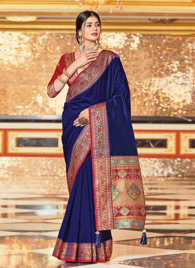 Impeccable Silk Weaving Blue Designer Traditional Saree