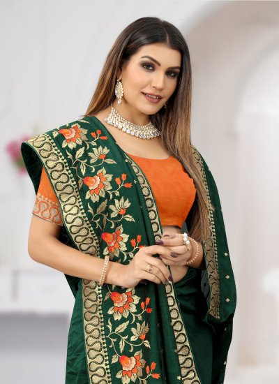 Impeccable Vichitra Silk Green Resham Designer Saree