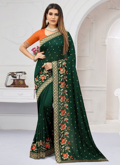 Impeccable Vichitra Silk Green Resham Designer Saree