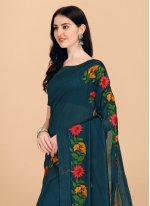 Imperial Teal Embroidered Chinon Trendy Saree