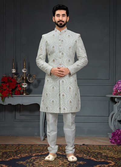 Imported Jacquard Work Indo Western in White