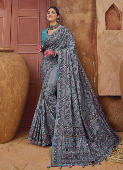 Imposing Banarasi Silk Grey Embroidered Classic Saree