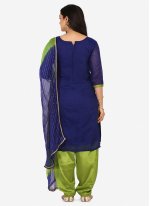 Imposing Blended Cotton Embroidered Blue Patiala Suit