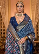 Imposing Blue Printed Patola Silk  Saree