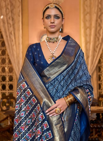 Imposing Blue Printed Patola Silk  Saree