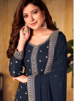 Imposing Embroidered Faux Georgette Navy Blue Designer Palazzo Suit