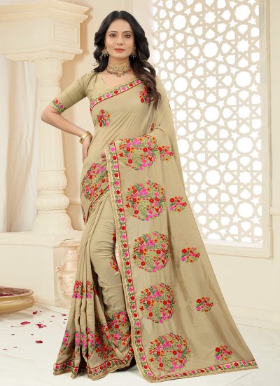 Imposing Vichitra Silk Embroidered Beige Classic Saree