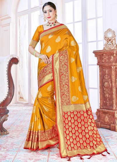 Impressive Art Banarasi Silk Mustard Woven Traditional Designer Saree