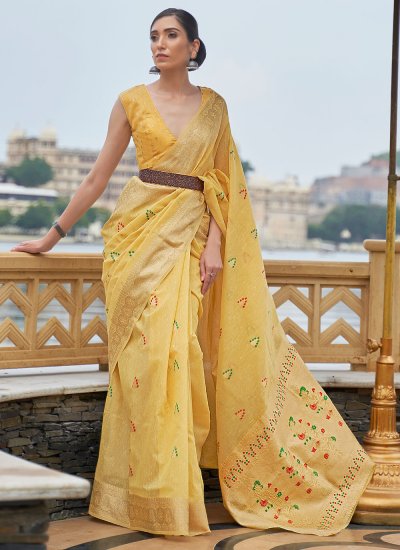Impressive Linen Yellow Weaving Classic Designer Saree