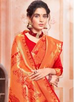 Impressive Weaving Red Jacquard Silk Designer Traditional Saree