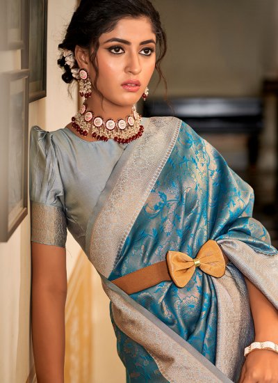 Incredible Jacquard Work Banarasi Silk Blue and Grey Trendy Saree
