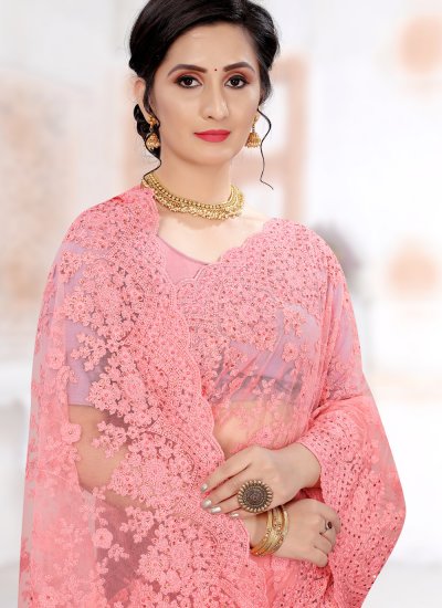 
                            Incredible Resham Pink Net Classic Designer Saree