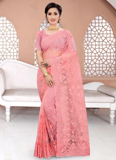 Incredible Resham Pink Net Classic Designer Saree