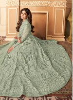 Incredible Shamita Shetty Sea Green Net Designer Floor Length Salwar Suit