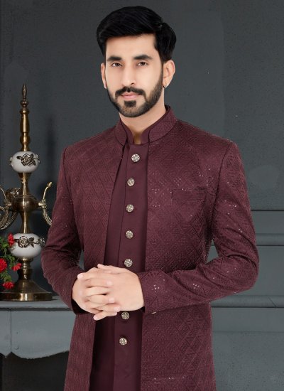 Indo Western Embroidered Fancy Fabric in Magenta and Maroon