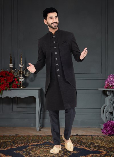 Indo Western Jacquard Work Fancy Fabric in Black