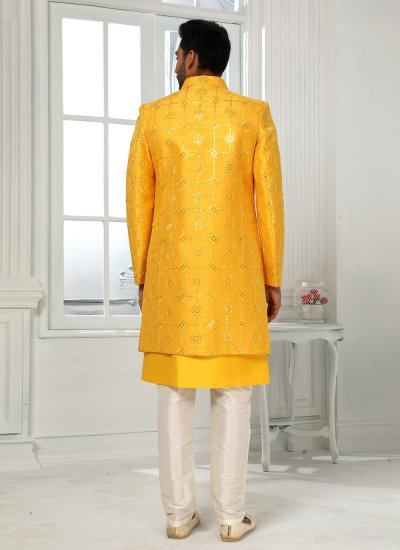 Indo Western Machine Embroidery  Art Silk in Yellow