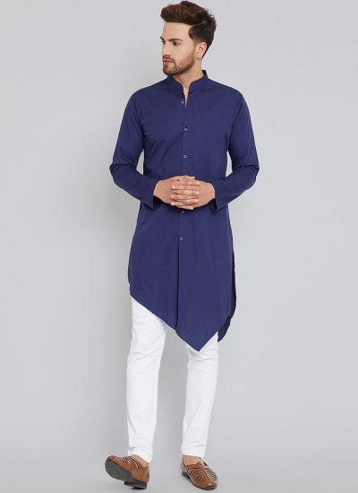 Indo Western Plain Blended Cotton in Blue