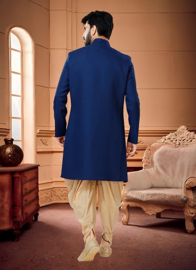 Indo Western Sherwani Buttons Fancy Fabric in Blue