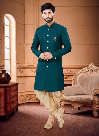 Indo Western Sherwani Buttons Fancy Fabric in Green