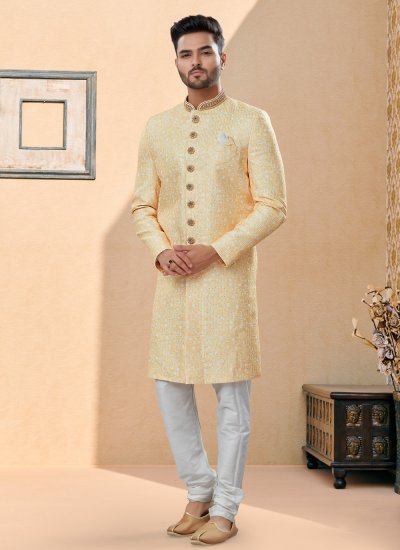 Indo Western Sherwani Embroidered Fancy Fabric in Yellow