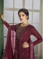 Innovative Embroidered Maroon Faux Georgette Designer Straight Suit