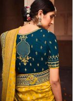 Innovative Embroidered Yellow Banarasi Silk Designer Saree