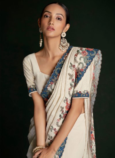 Innovative Lucknowi work Georgette Off White Contemporary Saree