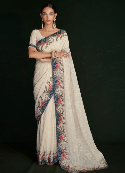 Innovative Lucknowi work Georgette Off White Contemporary Saree