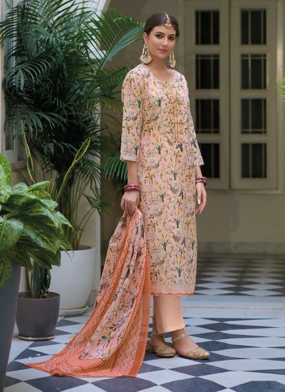 Innovative Peach Printed Linen Designer Salwar Suit
