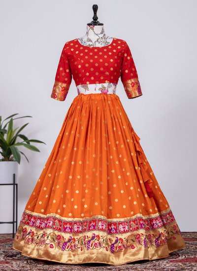 Integral Weaving Orange Patola Silk  Trendy Lehenga Choli