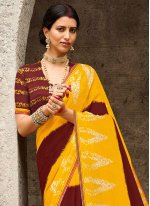 Intricate Brown and Yellow Printed Trendy Saree