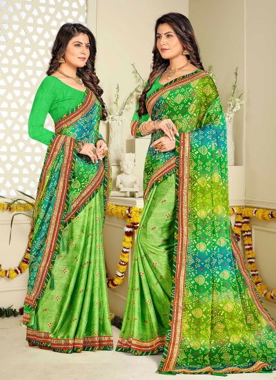 Intricate Green Bandhej Fancy Fabric Casual Saree