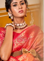 Intricate Jacquard Work Banarasi Silk Orange and Pink Designer Saree