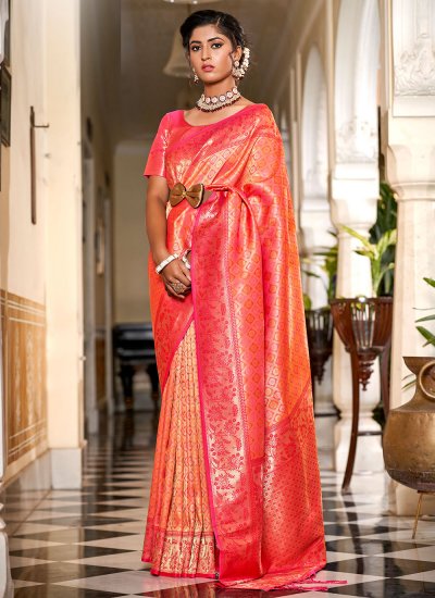 Intricate Jacquard Work Banarasi Silk Orange and Pink Designer Saree