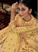 Intricate Pashmina Printed Yellow Salwar Kameez