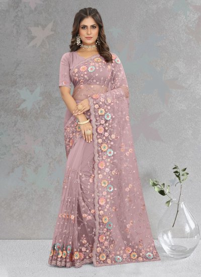 Intricate Sequins Pink Contemporary Style Saree