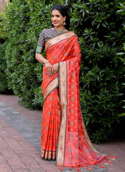 Intricate Weaving Orange Patola Silk  Classic Saree