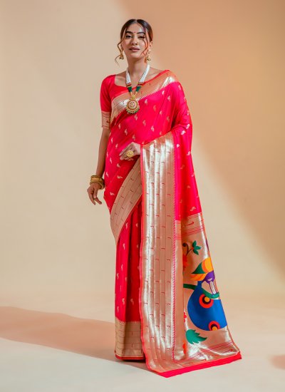 Intricate Weaving Pink Silk Contemporary Saree