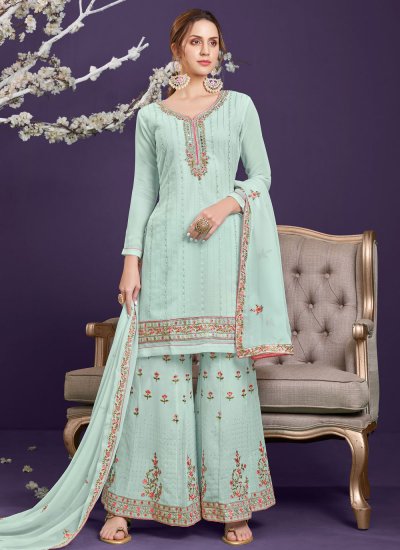 Intrinsic Faux Georgette Blue Embroidered Designer Pakistani Suit