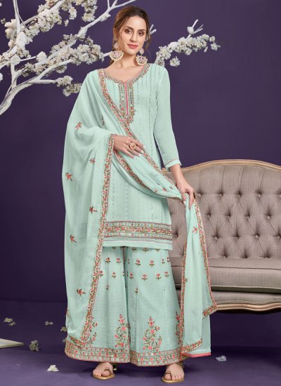 Intrinsic Faux Georgette Blue Embroidered Designer Pakistani Suit