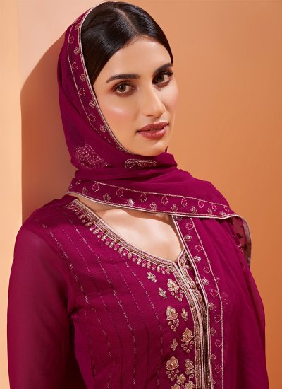 Invaluable Embroidered Magenta Faux Georgette Designer Pakistani Salwar Suit