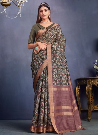 Invaluable Multi Colour Geometric Print Tussar Silk Trendy Saree