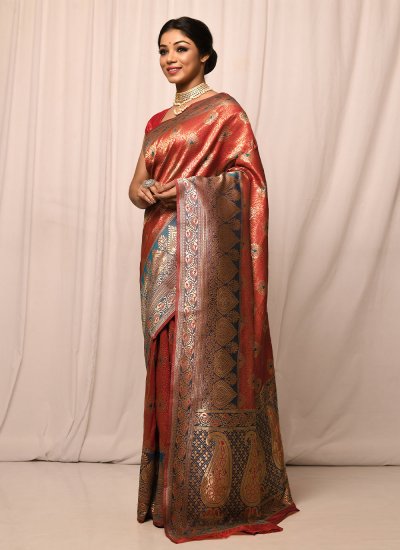 
                            Invaluable Orange Weaving Silk Traditional Saree