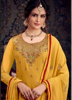 Invigorating Embroidered Georgette Mustard Pakistani Straight Salwar Kameez