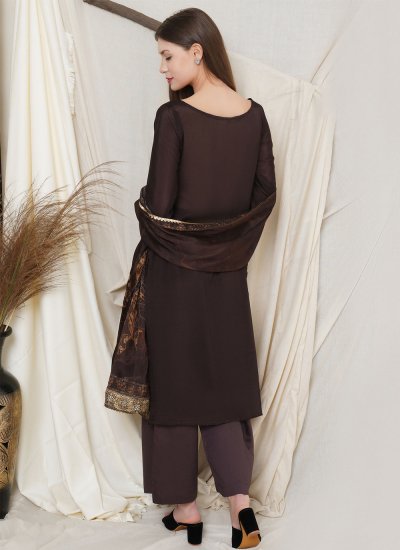Invigorating Faux Chiffon Digital Print Brown Designer Pakistani Salwar Suit